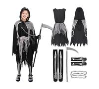 Girl Grim Reapers Records con capa encapuchada, guantes, guadaña de juguetes y calcetines, disfraz de traje de muerte de Halloween de miedo para niñas para niños