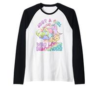 Girl Loves Dinosaurs Science Museum Kid Púrpura Rosa Cumpleaños Camiseta Manga Raglan