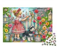 Girl & Schnauzer Puzzle para Adultoos 1000 Piezas Recyclable Flower Fence Senior Puzzles Muy Difícil Desafiante Aliviar La Demencia Senil Activity 70x50cm/1000pcs