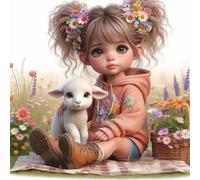 Girl Sheep Lawn Jigsaw Puzzle 150 Pieces 65x65cm/26x26inch, Difficult Jigsaw Puzzles for Adults 150, Beautiful Art Work, Great Festive Puzzle Gift for Men/Women