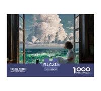 Girl Sitting on The Window 1000 Piezas Cartón Rompecabezas Ocean View Scene Imágenes Vibrantes Juego Creativo Puzzle para Adultos Y Niños 52x38cm/1000pcs