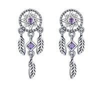 Girl Vintage Dream Catcher for Women Sterling Drop Earrings with Purple Cubic Zirconia