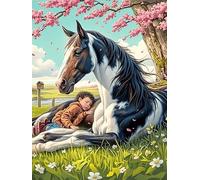 Girl with A Black Caballo en Prado floreciente Puzzles 500 Piezas Maquetas Educativas 3D Animal Salvaje Mascota Cute Rompecabezas para Familia Construir DIY Aliviar Estrés Decoración Hogar 500 PCS