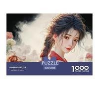 Girl with Black Hair 1000 Stück Premium-Karton Puzzle Fantasy Woman in Red Stressabbau Familienspiel Puzzles Für Erwachsene Und Kinder 52x38cm/1000pcs