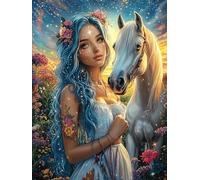 Girl with Cheval Blanc Dans le Jardin Fleuri Puzzle 500 Piezas Cartón Blanco Premium para Coleccionistas Mitos Cuento de Hadas Entrenamiento Memoria Hobby Colección Regalo Original 500
