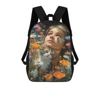 Girl with Flowers And Cat Mochila Escolar Infantil De 17 Pulgadas, Mochila Escolar Impresa En 3D Para Niños De Primaria Y Secundaria
