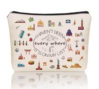 Girlly Bolsa de maquillaje de regalo de viaje del mundo: bonita bolsa de cosméticos con texto en inglés "I Haven't Been Everywhere But It's on My List" para adolescentes y mujeres viajeras. Bolsa de