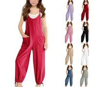 Girls Adjustable Spaghetti Strap Jumpsuits Kids Sleeveless Casual Loose Overalls with Pockets Teen Solid Color Baggy Dungarees Cotton Soft Outfits Summer Vacation Romper
