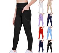 Girls Athletic Leggings Teen Plain Shiny Footless Tights Basic Stretchy Full Length Legging with Pockets Kids High Waisted Dance Gymnastics Running Trousers for School Travel Sports