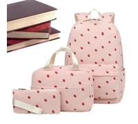 Girls Backpack - Pink, Corduroy 3-Piece Bags Set, Strawberry Pattern Bookbag with Lunch Box & Pencil Case | Cute Knapsack for School, College, Travel, Hiking, Camping, Outdoor Activities & Day Trips