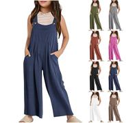 Girls Baggy Dungarees Kids Wide Leg Sleeveless Casual Long Jumpsuits with Pockets Youth Summer Loose Fit Wide Straps Romper Trendy Teen Girl Solid Color Overalls