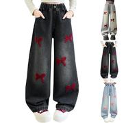 Girls Baggy Jeans Cute Bow Embroidered Wide Leg Denim Pants Kids High Elastic Waist Ripped Denim Jeans with Pockets Teenage Casual Joggers Trendy Y2K Hip Hop Streetwear