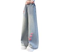 Girls Baggy Jeans Elastic Waist Wide Leg Jeans Kids Love Heart Cute Bow Knot Cargo Trousers Loose Fit Hip Hop Denim Pants Teen Girls Casual Y2k Streetwear School Pants