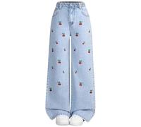 Girls Baggy Jeans Fashion Printed Distressed Ripped Denim Jeans Kids Elastic Waist Straight Wide Leg Denim Pants Children Loose Fit Casual Trousers Vintage Y2K Streetwear