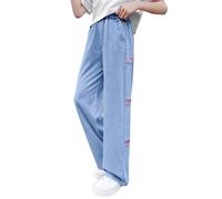 Girls Baggy Jeans High Waist Wide Leg Denim Pants Vintage Kids Distressed Heart Patch Elastic High Waist Jeans Teen Soft Stretchy Fashion School Trousers with Pockets Relaxed Fit Joggers