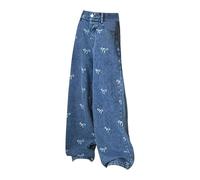 Girls Baggy Jeans Kids Bow Print Y2k Jeans Cute Pattern Blue Elasticated Waist Denim Cargo Trousers Teens Girl Wide Leg Hip Hop Pants Vintage Loose Casual Spring Summer Joggers