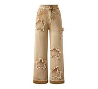 Girls Baggy Jeans Kids Star Patchwork Ripped Straight Wide Leg Denim Pants Teen Girls High Waist Washed Casual Denim Trousers with Pockets Teenage Vintage Y2K Hip Hop Streetwear