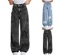 Girls Baggy Jeans Ripped Wide Leg Denim Pants Kids Elastic Waist Star Embellished Denim Trousers Teen Girls Y2K Hip Hop Streetwear Fashion Casual Jeans for School Outdoor