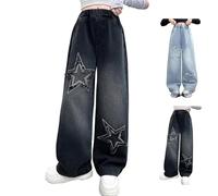 Girls Baggy Jeans Star Y2k Trousers Elastic Waisted Wide Leg Denim Pants Kids Casual Loose Retro Style Baggy Bootcut Trousers Teen Girl Vintage Streetwear Fashion Jean with Pockets