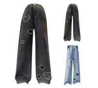 Girls Baggy Straight Leg Jeans Fashion Kids Heart Patchwork Washed Ripped Denim Pants Teen Girls Elastic Waist Wide Leg School Trousers Vintage Casual Y2K Hip Hop Streetwear
