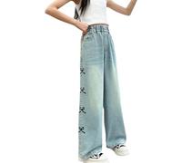 Girls Bow Baggy Jeans Kids Printed Washed Distressed Wide Leg Denim Pants Teens Elasticated Waist Straight Leg Hip Hop Denim Cargo School Trousers Vintage Casual Y2K Streetwear