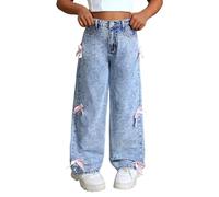 Girls Bow Jeans Cute Kids High Waist Baggy Flared Denim Trousers Teen Girls Straight Wide Leg Cargo Denim Pants with Pockets Toddler Washed Vintage Loose Jeans Y2K Streetwear