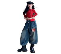 Girls Cargo Jeans Fashion Baggy Wide Leg Denim Pants Cute Kids Elasticated Waist Plus Size Blue Jeans Teens Relaxed Fit Y2k Denim Trousers Girl Vintage Casual Spring Summer Joggers