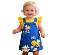 Girls Casual Denim Dress with Print Cute Round Neck Flutter Sleeve Playful Overalls For Toddler Kids (Yellow, 2-3 Years)