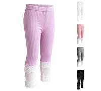 Girls Cotton Capri Leggings with Lace Trim Soft Stretchy Summer Pants for Kids Plain Shiny Footless Ballet Dance Tights Children Sports Casual Trouser Comfy Stylish Activewear