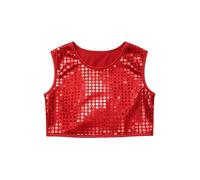 Girls Crop Top Sequin Round Vest Stage Performance Shirt (Red, 150/160)