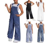 Girls Denim Overalls Kids Sleeveless Adjustable Wide Leg Baggy Jeans Cute Teen Girls Star Patchwork Straight Leg Denim Dungarees Jumpsuit Summer Loose Fit Casual Pants