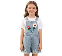 Girls Denim Overalls Shorts Flower Embroidery Casual Cotton Dungaree Kids Adjustable Strap Faded Stretch Jeans Romper Children Summer Sleeveless All In One Jumpsuit Playsuit