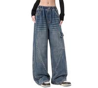 Girls Denim Pants Kids Wide Leg Ripped Baggy Jeans Elastic High Waist Trousers Children Loose Casual Cargo Pants Y2k Vintage Retro Straight Bootcut Jeans Street Wear with Pockets