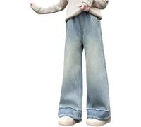 Girls Flared Jeans Baggy Wide Leg Denim Trousers Kids High Elastic Waist Loose Bootcut Jeans with Pockets Vintage Distressed Cargo Pants for Teens Fashion Summer Sloid Preppy Clothes