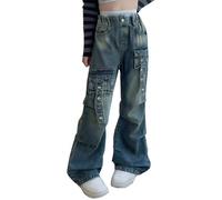 Girls Flared Jeans Wide Leg Bell Bottom Cargo Pants Kids Elastic High Waist Denim Trousers with Pockets Vintage Teen Girls Stretch Slim Fit Bootcut Jeans Fashion Y2k Streetwear