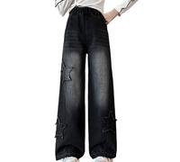 Girls Fleece Baggy Jeans Kids Thermal Warm Wide Leg Denim Pants Cute Teen Girls High Waist Star Denim Trousers with Pockets Teenage Loose Casual Trousers Winter Vintage Streetwear