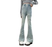 Girls Fleece Flared Jeans Kids Star Patchwork High Elastic Waist Thermal Bootcut Denim Trousers Teen Girls Winter Warm Slim Fit Bell Bottom Denim Pants Casual Flare Leggings