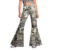 Girls Glitter Print Stage Pants For Kids Shiny Sequined Flare Pants For Girls Performance Wear and Dance Apparel (c-White, 5-6 Years)