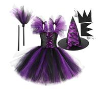 Girls Halloween Tutu Dress-Up Set | 4X Witch Costume with Accessories Including Broom, Hat, and Sleeves | Fun and Festive Cosplay for Children | Ideal para de Halloween, School Events, and