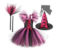 Girls Halloween Tutu Dress-Up Set | 4X Witch Costume with Accessories Including Broom, Hat, and Sleeves | Fun and Festive Cosplay for Children | Ideal para de Halloween, School Events, and