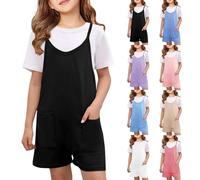 Girls Jumpsuit Shorts Kids Sleeveless Adjusted Spaghetti Strap Jumpsuits Children Summer Casual Short Dungarees Loose Fit Cotton Overalls with Pockets Trendy Solid Outfit Rompers