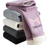 Girls Leggings Fleece Lined Thermal Pants Kids Cotton Full Length Thick Trousers Children Winter Warm Footless Tights Stretchy Legging with Rabbit Embroidery Pattern