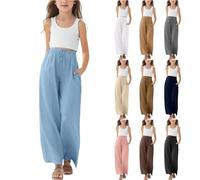 Girls Linen Pants Kids Elastic Waist Wide Leg Baggy School Trousers with Pockets Teen Girls Drawstring Straight Leg Cargo Palazzo Pants Children Summer Casual Flowy Beach Vacation Trousers