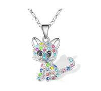 Girls' necklace with cat pendant - colorful rhinestones, sparkling jewelry chain, silver-plated, gift idea for women & girls, J0686T2