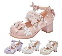 Girls Party Shoes Block High Heels Teen Girls Lace Bowknot Mary Jane Princess Shoes Cute Kids Ankle Strap Non Slip Pumps for Wedding Prom Birthday Summer Dress Sandals