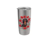 Girls Poppy Flowers Black Long Haired Dachshund Dog Lover Vaso térmico de acero inoxidable de doble pared