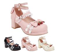 Girls Princess Shoes Fashion Lace Bow Block High Heels Kids Dress Mary Jane Shoes Ankle Strap Party Sandals Youth Wedding Prom Birthday Pumps for Spring Summer