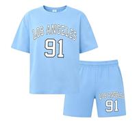 Girls Printed T Shirt And Shorts Casual Streetwear Outfit For Kids (Sky Blue, 5-6 Years)