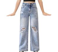 Girls Ripped Jeans Kids Washed Distressed Straight Leg Baggy Denim Trousers with Pockets Teen Girls High Waist Vintage Long Pants Spring Loose Fit Casual Athletic Sweatpants