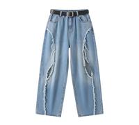 Girls Ripped Jeans Kids Wide Leg Baggy Jeans Fashion Elastic Waist Casual Denim Trousers with Pockets Children Loose Fit Plus Size School Pants Vintage Y2k Hip Hop Streetwear